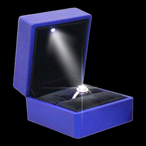 LED Lighted Engagement Ring Box. Sapphire Blue - Black Velvet - Picture 1 of 9